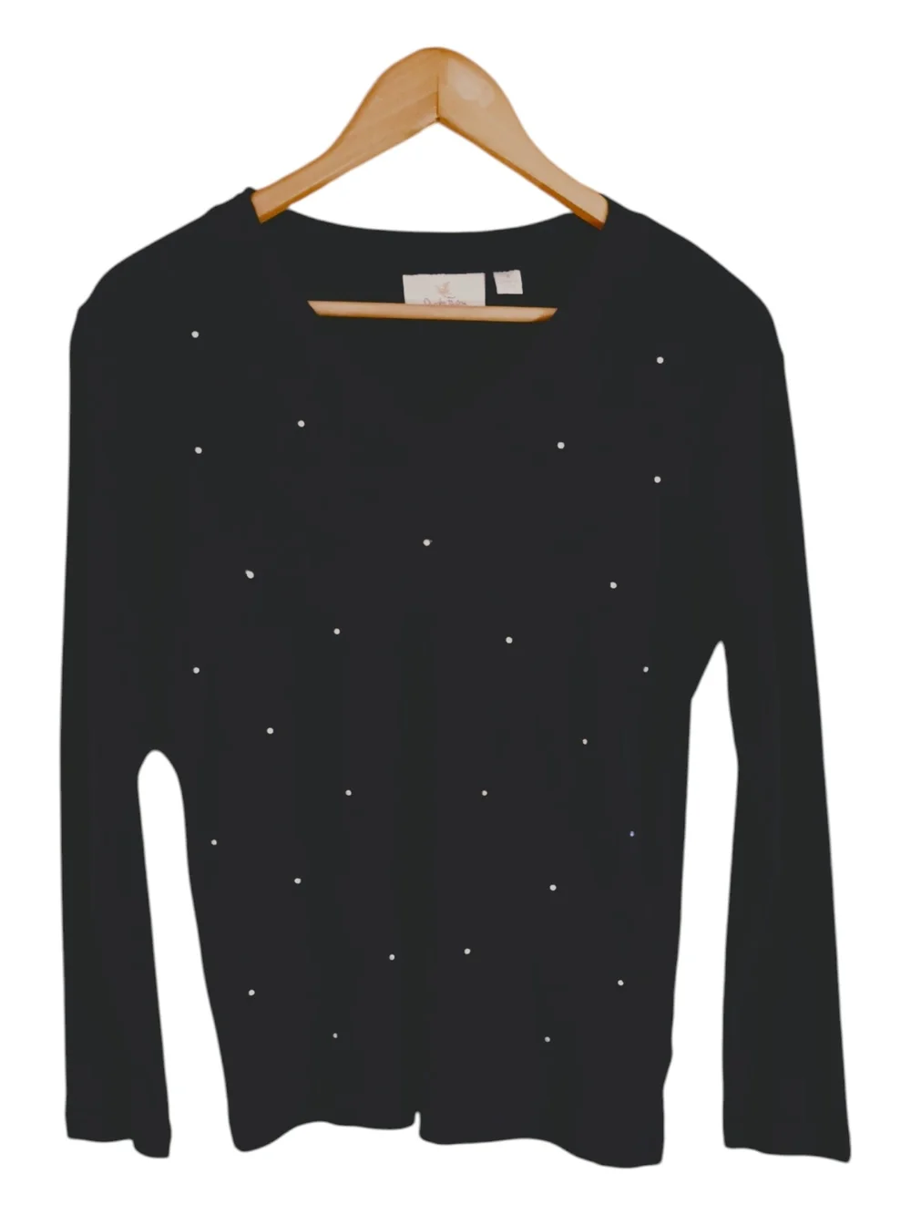 Quacker Factory Black Waffle Knit V-Neck Long Sleeve Sweater with Rhinestone